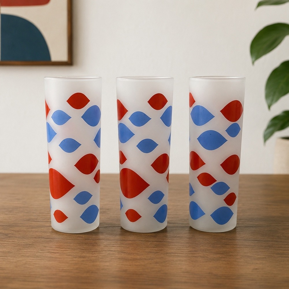 Vintage Dairy Queen Frosted Highball Glasses Red Blue Teardrop Set of 3